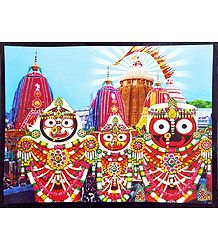Jagannath, Balaram, Subhadra in Front of Puri Temple - Wall Hanging