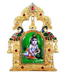 Krishna Picture on Stone Studded and Golden Carved Metal Frame