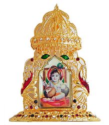 Makhan Chor Krishna on Golden Throne Metal Frame - Table Top Picture