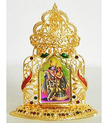 Radha Krishna on Stone Studded and Golden Carved Metal Frame