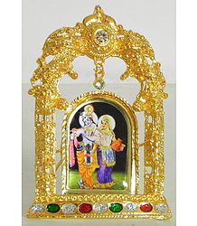 Radha Krishna on Stone Studded and Golden Carved Metal Frame