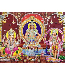 Lord Ayyappan, Kartikeya and Ganesha - (Laminated Glitter Poster)