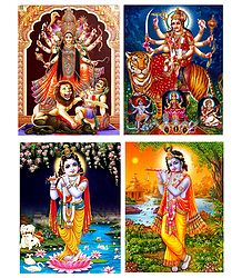 Bhagawati, Durga and Krishna Posters - Set of 4 Unframed Posters