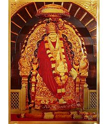 Shirdi Sai Baba Sitting on Throne - Golden Metallic Poster