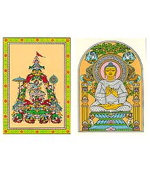 Lord Krishna with Gopinis and Lord Buddha - 2 Patachitra Posters - Unframed
