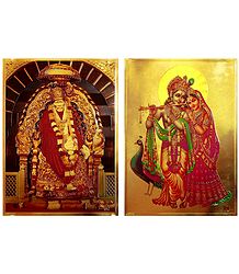 Radha Krishna and Shirdi Sai Baba - Set of 2 Golden Metallic Paper Poster