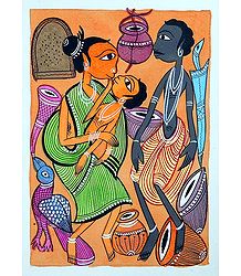 Tribal Family - Kalighat Painting