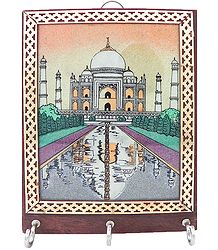 Gemstone Crush Tajmahal on Wooden Key Rack with Three Hooks - Wall Hanging