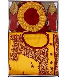 Bengal Ethnic Dress - Embroidered Cotton Yellow Kurta, Red Art Silk Dhoti with Shoes
