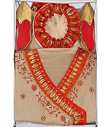 Bengal Ethnic Dress - Embroidered Cotton Beige Kurta and Dhoti with Shoes