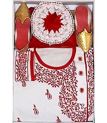 Bengal Ethnic Dress - Embroidered Cotton White Kurta and Red Art Silk Dhoti with Shoes