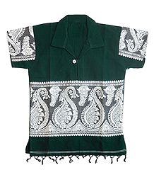 Dark Green Half Sleeve Short Kurta with Baluchari Design for Young Boy