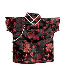 Black with Red Woven Brocade Silk Finish Short Sleeve Kurta