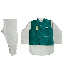 Modi Dress - White Cotton Churidar Kurta with Raw Silk Cyan Green Jacket