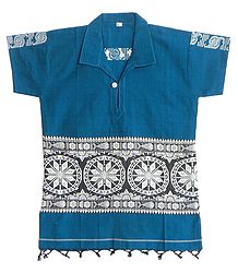 Cyan Blue Half Sleeve Short Kurta with Baluchari Weaved Design