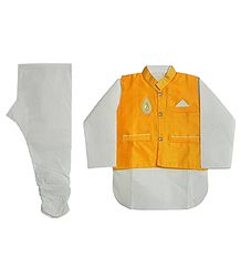 White Cotton Churidar Kurta with Raw Silk Yellow Jacket