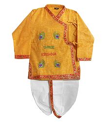 Krishna Print on Saffron Dhoti and Kurta