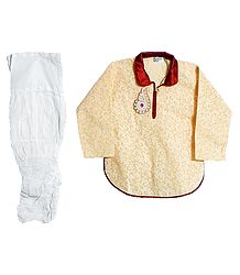 White Cotton Churidar and Printed Light Peach Kurta with White Bead Work in Front
