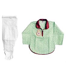 White Cotton Churidar and Printed Green Kurta with White Bead Work in Front