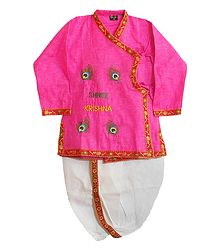 Peacock Feather Embroidery on Pink Kurta with White Pyjama Dhoti