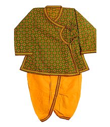 Ready to Wear Yellow Dhoti and Printed Green Kurta for Baby Boy