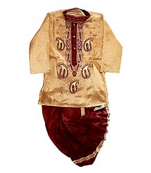 Embroidered Art Silk Beige Kurta and Ready to Wear Maroon Dhoti for Baby Boy 