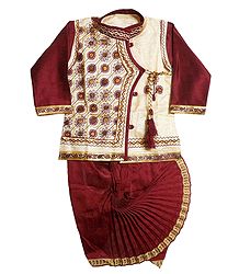 Embroidered Light Beige Art Silk Kurta and Ready to Wear Maroon Dhoti for Baby Boy 