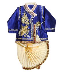 Embroidered Dark Blue Art Silk Kurta and Ready to Wear Light Beige Dhoti for Baby Boy 