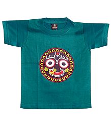 Printed Face of Jagannathdev on Cyan Green T-Shirt for Baby Boy