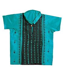 Cyan Blue with Black Short Kurta with Kantha Stitch for Young Boy