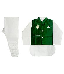 Modi Dress - White Cotton Churidar Kurta with Raw Silk Green Jacket