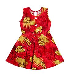 Red with Yellow Flower Print on Cotton Frock