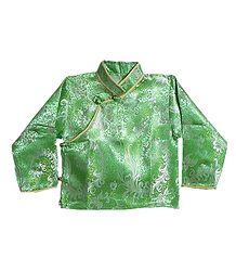 Green with White Woven Brocade Silk Finish Full Sleeve Kurta