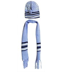 Light Blue Woolen Scarf and Cap with Stars
