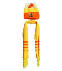 Yellow with Saffron Woolen Scarf and Cap with Embroidered Letter 'M'