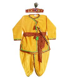 Golden Yellow Silk Dhoti (Pyjama type) and Kurta with Headress and Waistband  (This Dress is like Lord Krishna)