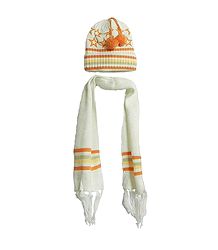 Ivory Color Woolen Scarf and Cap with Stars