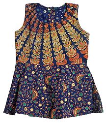 Multicolor Flower and Fan Print on Dark Blue Cotton Frock