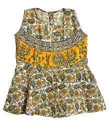 Green and Yellow Flower Print on White Cotton Frock