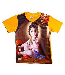 Printed Makhan Chor Krishna on Brown T-Shirt