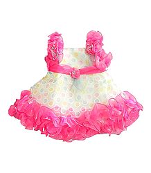 Pink Frilled Party Wear Multicolor Polka Dot Dress with Bead and Stone