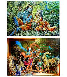Krishna Preaches the Gita to Arjuna and Radha Krishna - Set of 2 Posters