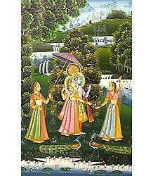 Radha Krishna with Two Gopinis