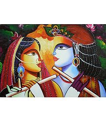 Radha and Krishna Playing Flute