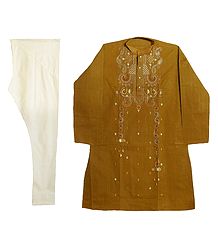 Yellow Embroidered Kurta with Cream Color Churidar