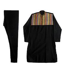 Black Embroidered Kurta and Churidar for Men