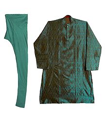 Cyan Blue Cotton Silk Kurta and Churidar for Men