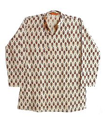 Beige with Maroon Print Mens Long Kurta