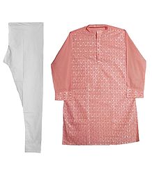 Peach Embroidered Mens Kurta and White Churidar