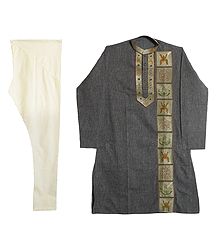 Embroidered Grey Kurta with Off-White Churidar